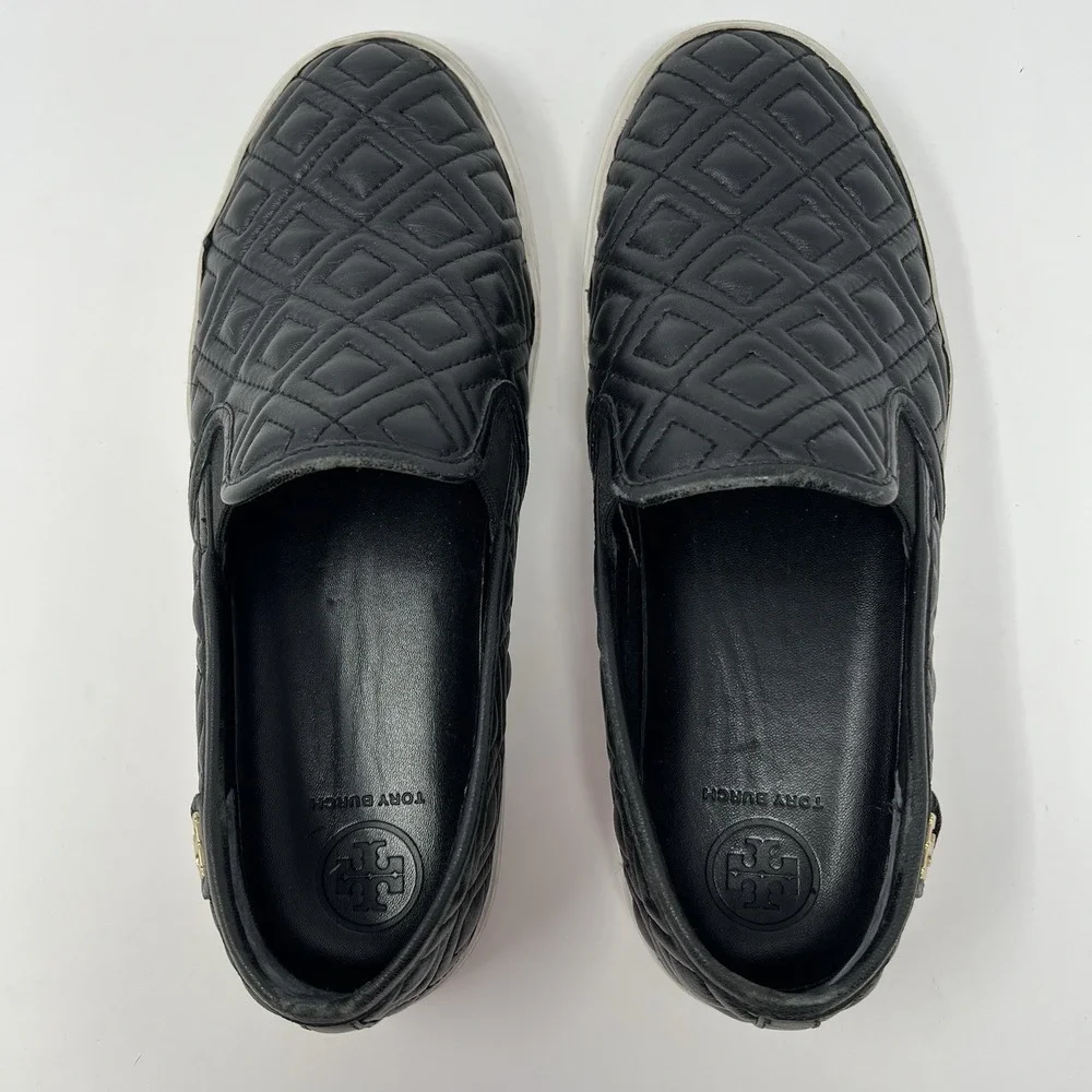 Tory Burch Jesse Quilted Napa Leather Sneaker Black Gold Logo Size‎ 6.5